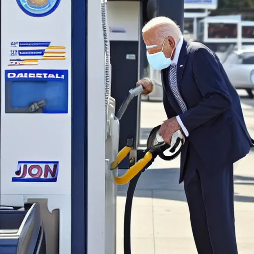 Image similar to joe biden at the gas station pumping gas into his mouth