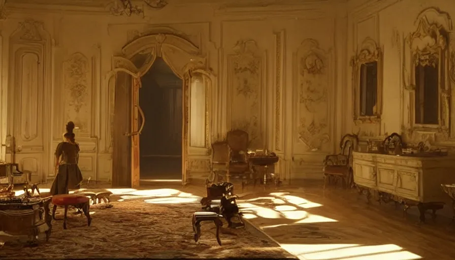 Image similar to movie still of beautiful interior, beautiful lighting, cinematography, color balance, empty