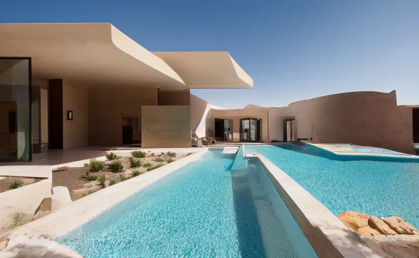 Image similar to modern house in the middle of desert, pool, professional photography