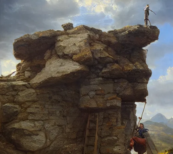 Image similar to landscape portrait of a man working on a building out of hand hewn brimstone, all alone by william sidney mount, trending on artstation