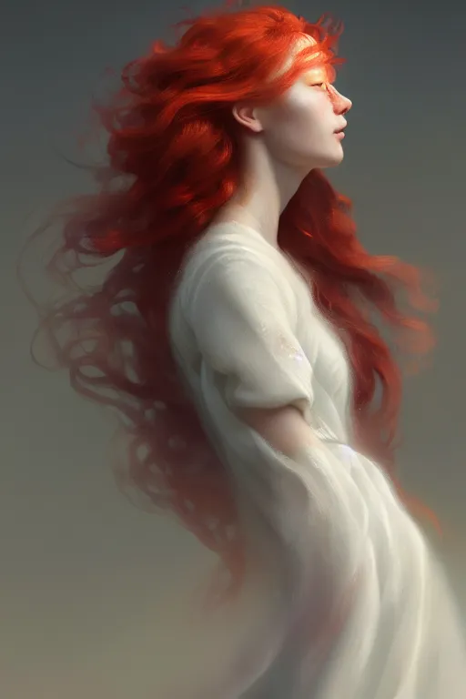 Image similar to portrait of a beautiful nordic woman, curly red hair, wearing a white dress, extremely detailed digital painting, in the style of fenghua zhong and ruan jia and jeremy lipking and peter mohrbacher, mystical colors, rim light, beautiful lighting, 8 k, stunning scene, raytracing, octane, trending on artstation