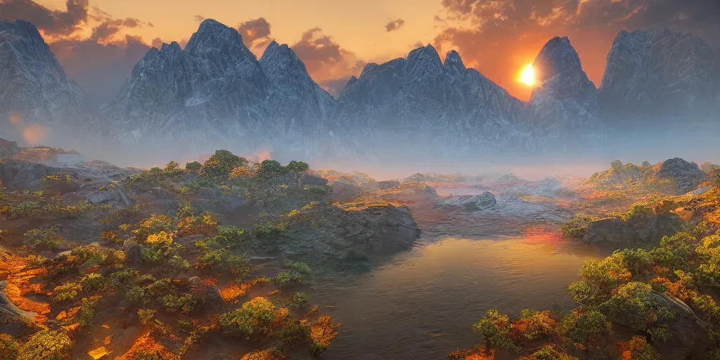 Prompt: a beautiful landscape, sun rises between two mountains, colourful 3 d artwork by phillipp urlich, unreal engine 5, extremely detailed, hyper realism