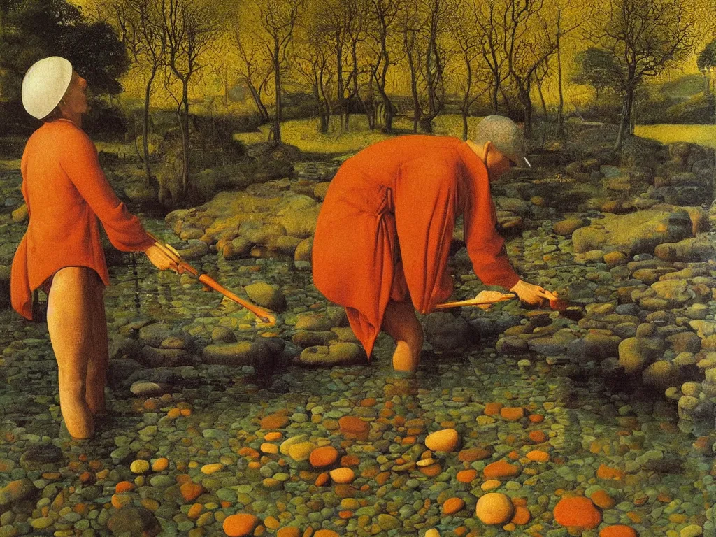 Image similar to Portrait of a painter washing his brush in a river. Humanoid rocks, coral-like pebbles, autumn light. Painting by Jan van Eyck, Rene Magritte, Jean Delville, Max Ernst