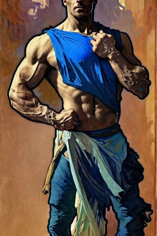 Image similar to A man wearing blue clothes, muscular, fantasy, painting by greg rutkowski and alphonse mucha