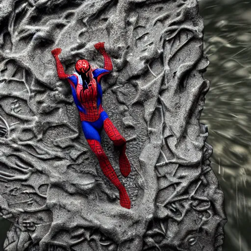 Image similar to spiderman frozen in carbonite, ultra realistic, intricate details, highly detailed, photorealistic, 8 k, vegetation, water, cave