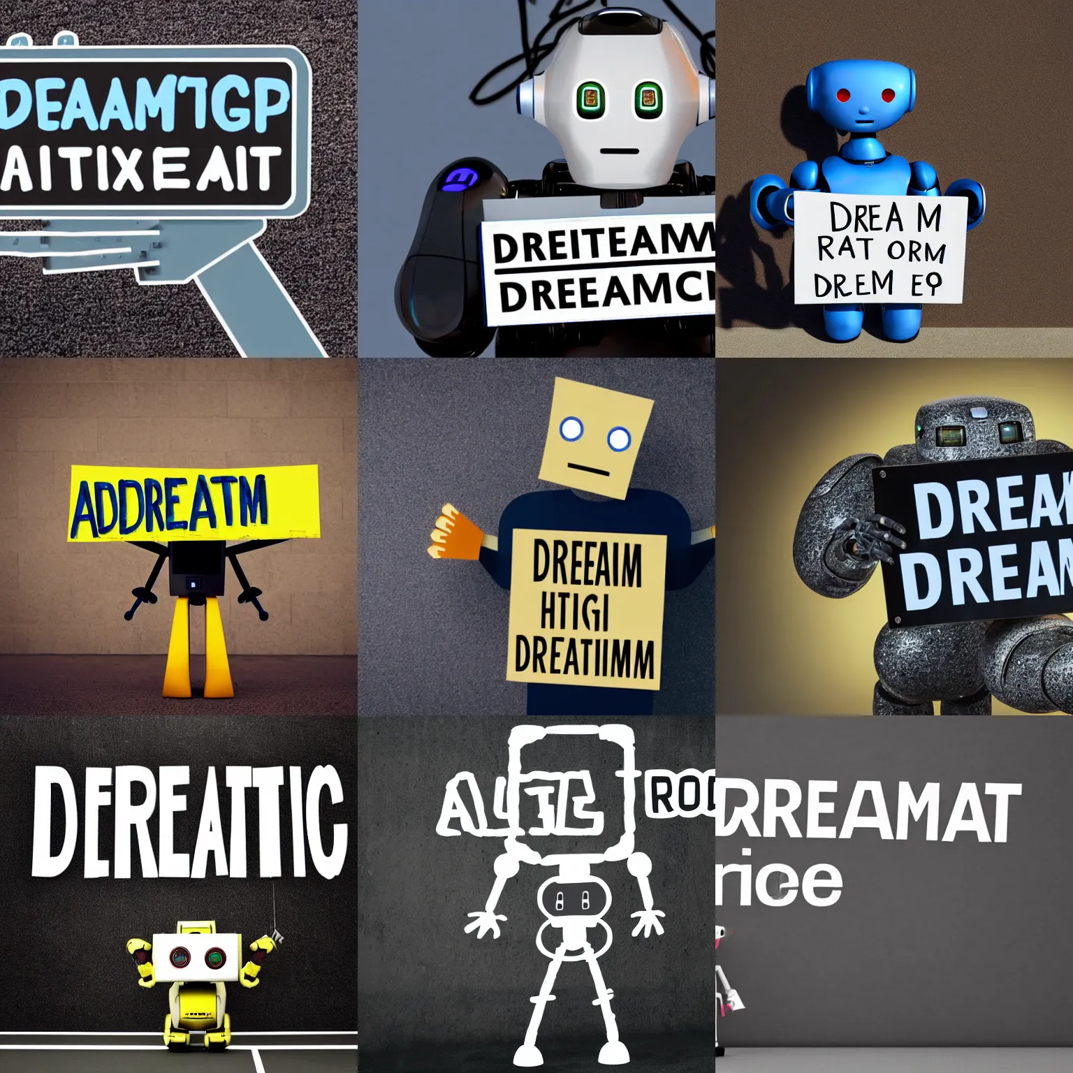 Image similar to realistic high quality photo of artificial intelligence robot holding a sign with text that reads : dream