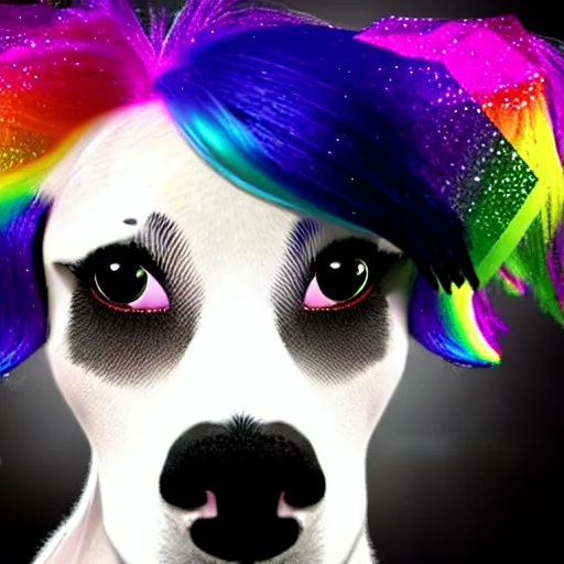 Prompt: an emo dog with rainbow hair, sparkles, deviantart, low quality