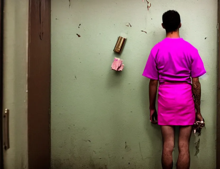 Prompt: a man in a short pink skirt, holds cannabis in hand, in jail, dirty room, bars on the windows