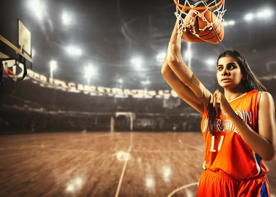 Prompt: an indian girl holding a basketball in a basketball court at night, resolute expression, inspirational, stadium lights, cinematic, 4 k, dramatic composition, digital cinematography