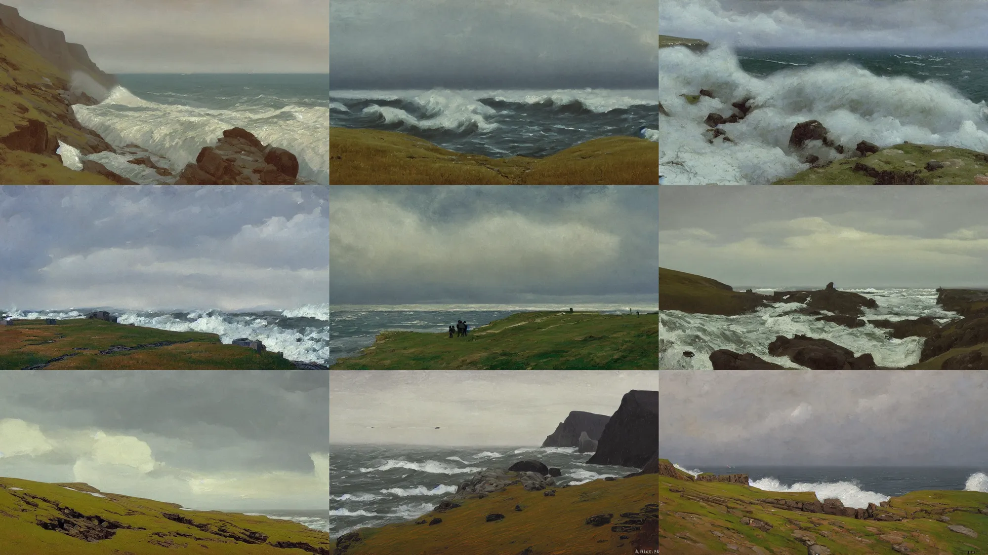 Prompt: painting in the style of Isaac Levitan, Savrasov, Arkhip Kuindzhi and Frederick Judd Waugh, T Allen Lawson and Ian Fisher and Sidney Richard Percy, sea storm and big waves under high cliffs, coast, strong wind, faroe, road to the small village at sunset sunrise, foggy day, low clouds after rain, wet grass and black stones, dream heavenly cloudy sky, horzon, hurricane stromy clouds, volumetric lighting, very beautiful scenery, pastel colors, ultra view angle view