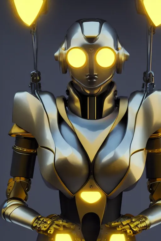 Image similar to maria of metropolis, humanoid robot, golden full body armor, deployed wings, beautiful helmet in the shape of a face, glowing yellow eyes, scifi, futuristic, raytracing, glowwave, sharp focus, cinematic lighting, artstation, divine, unreal engine 5 rendered, by fritz lang, art style by pixar warner bros dreamworks disney riot games and overwatch