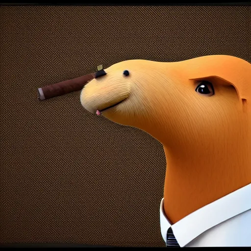 Image similar to a high quality photo of an antropomorphic capybara wearing a suit smoking a cigar, 3d scene, render, ultra realistic, artstation, cgsociety