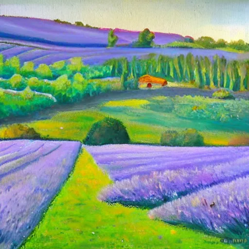 Image similar to oil painting of lavander fields in the south of france surrounded by cypress trees, various styles.