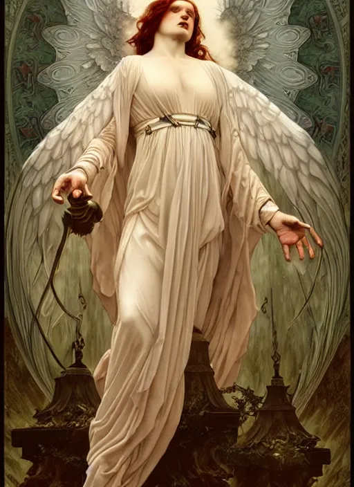 Image similar to majestic malevolent fallen angel porcelain skin man movie poster, art style by edmund leighton, tom bagshaw, alphonse mucha, exquisite digital art, haunting, masterpiece, organic painting, photorealistic, ornate and hyper detailed