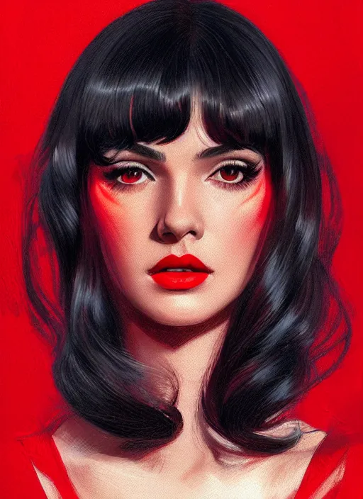 Image similar to portrait of veronica lodge with bangs, 1 9 6 0 s, long hair, red clothes, bangs, intricate, elegant, glowing lights, highly detailed, digital painting, artstation, concept art, smooth, sharp focus, illustration, art by wlop, mars ravelo and greg rutkowski