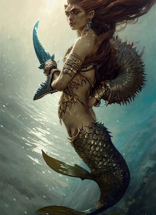 Image similar to a fierce mermaid warrior under water, fantasy character portrait, ultra realistic, concept art, intricate details, highly detailed by greg rutkowski, gaston bussiere, craig mullins, simon bisley