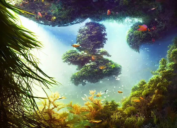 Prompt: overgrown foliage overtaking tall japanese architecture, underwater environment, borealis, scenery, professional, award - winning, trending on artstation, hyper detailed, realistic, beautiful, emotional, shiny, golden, picture