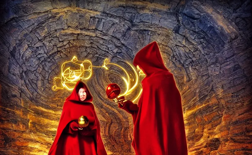 Image similar to red hooded mage holding a golden bell by the gate to the 7 th realm, mindblowing, landscape art, ominous,