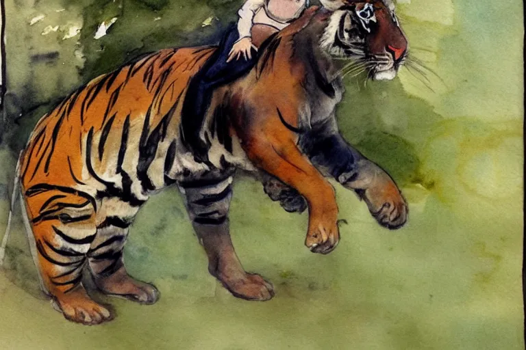 Image similar to girl riding a tiger, art, minimalistic painting, watercolor on paper, high quality, by Berthe Morisot, trending on artstation