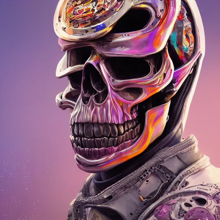 Image similar to portrait of a skull in a racing suit. intricate abstract. intricate artwork. by Tooth Wu, wlop, beeple, dan mumford. octane render, trending on artstation, greg rutkowski very coherent symmetrical artwork. cinematic, hyper realism, high detail, octane render, 8k, iridescent accents