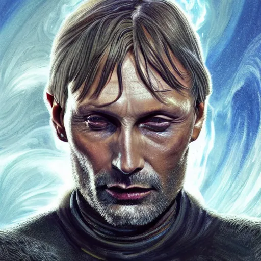 Prompt: mads mikkelsen symmetrical portrait of the god of thee sky long ears elven king, d & d, fantasy, intricate, elegant, highly detailed, digital painting, artstation, smooth, sharp focus, illustration, art by artgerm and greg rutkowski and alphonse mucha, technomancer astronaut with an epic cosmic background