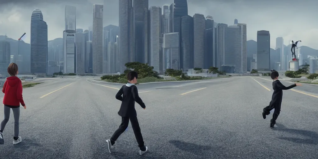 Image similar to a young girl in a sweatshirt running away from a faceless man in a tuxedo in the middle of an empty highway in hong kong with an abandoned hong kong in the background, very detailed 8 k, dystopian fantasy style, unreal engine render, global illumination, ray tracing, rtx, path tracing, enhanced