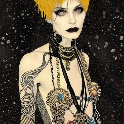 Image similar to death, a beautiful pale goth girl wearing a black vest and black punk hair, an ankh medallion hangs around her neck. portrait by joshua middleton and gustav klimt, vertigo comic