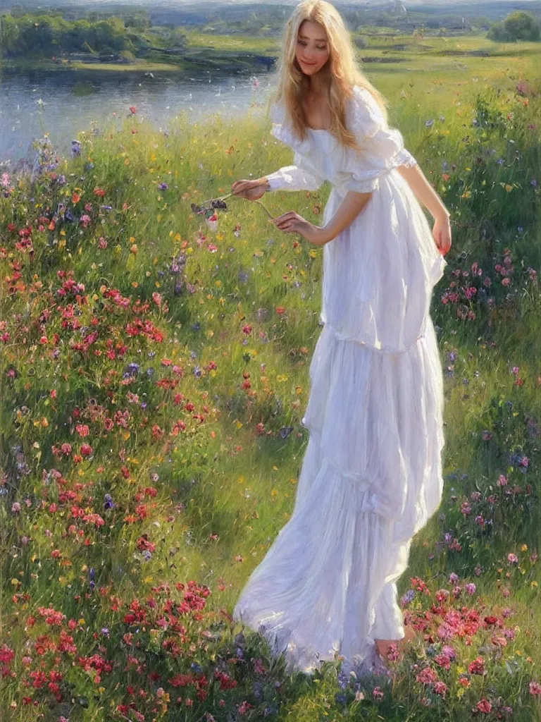 Image similar to blonde woman, dress, swedish countryside, archipelago, morning, masterpiece, highly detailed, beautiful, atmospheric, impressionism, painting by Vladimir Volegov