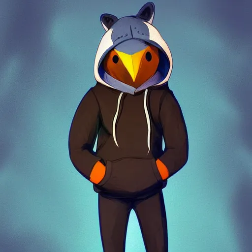 Image similar to humanoid furry! anthro avian!!! fursona, bird!!! digital art! trending on artstation! subject wearing hoodie and jeans!!