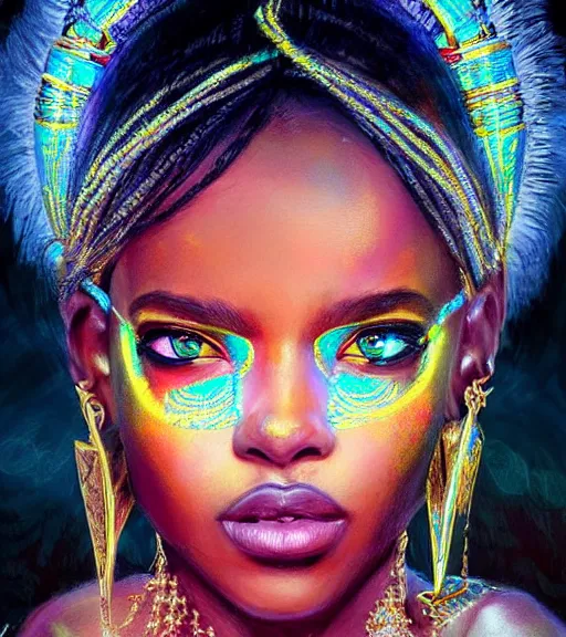 Prompt: beautiful intricate exquisite african princess realistic face, beautiful eyes, neon colors, drawing, in the style of greg rutkowski, fantasy, amazing detail, epic, intricate, elegant, smooth, sharp focus