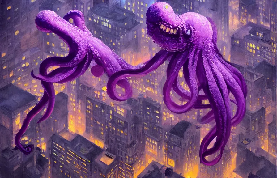 Image similar to aerial!!!! view looking down on a giant purple octopus monster moving through!!! buildings in a dark, dim, detailed city, extremely detailed!!! oil painting, dull palette, dramatic lighting, trending on artstation