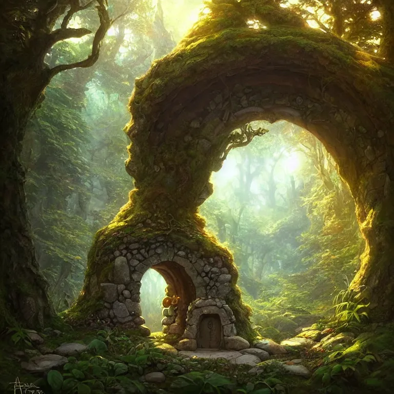 Image similar to Fantasy Magical fairy-tale stone portal in the forest. Round stone portal teleport in trees to other worlds. Fantastic landscape. Magic Altar in the fores, highly detailed, digital painting, artstation, concept art, smooth, sharp focus, illustration, art by artgerm and greg rutkowski and alphonse mucha