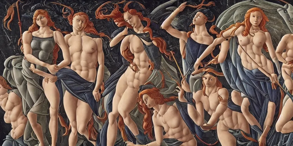 Prompt: the 12 months of the year, represented by 12 figures, of different ages and genders, in a style blend of Botticelli and Æon Flux, stunningly detailed artwork