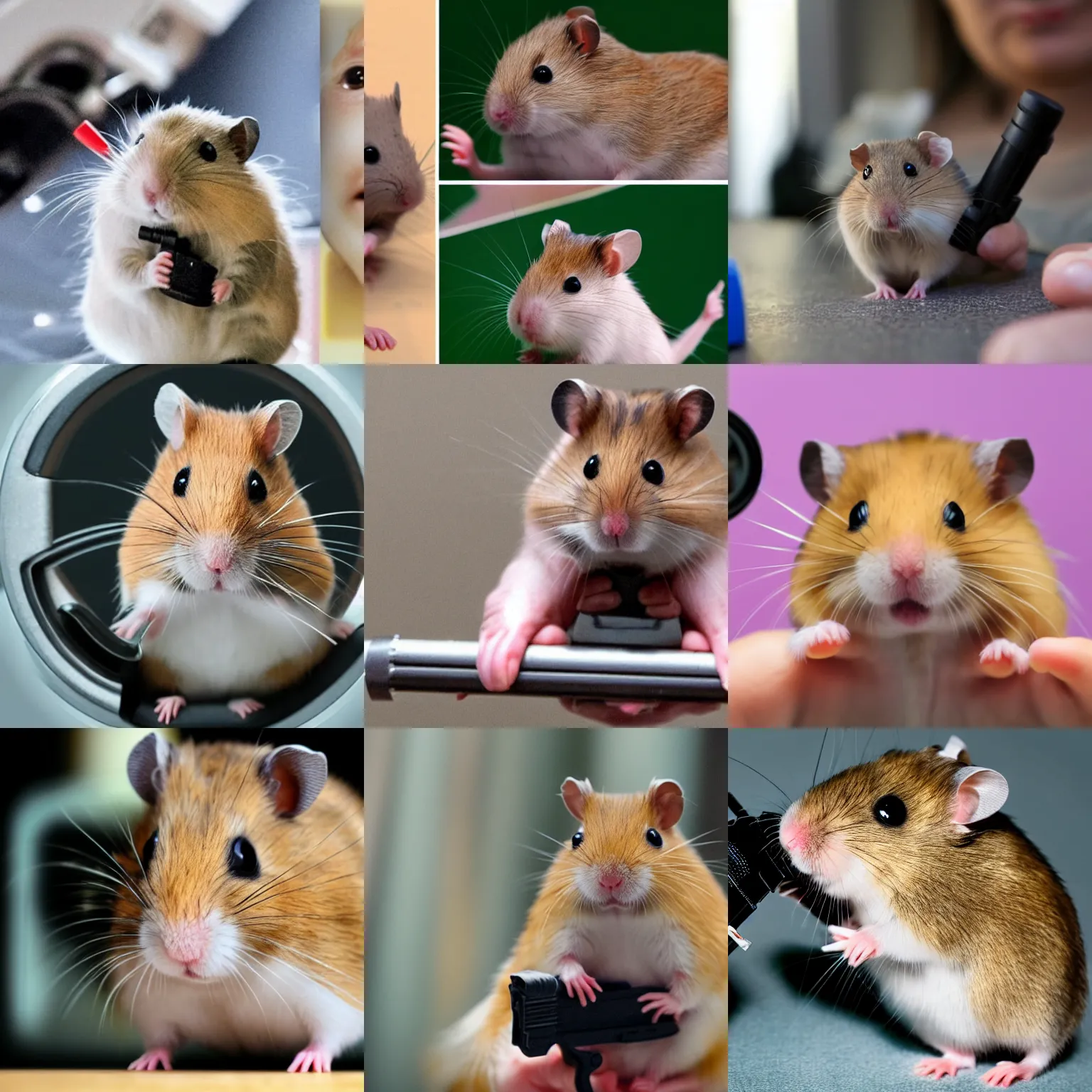 Prompt: a hamster pointing a gun to the camera, threatening facial expressions, highly detailed