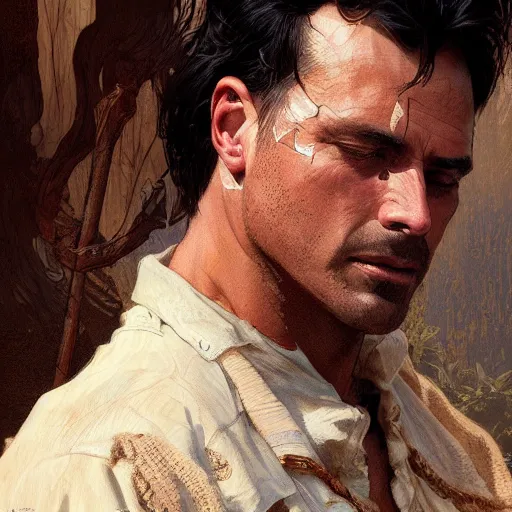 Image similar to clean shaven, tan, middle - aged christian priest with dark hair in wild west, gorgeous, beautiful, intricate, highly detailed, digital painting, artstation, oppressive lighting, concept art, sharp focus, illustration, art by greg rutkowski and alphonse mucha