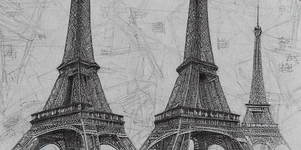 Image similar to architectural design studies of Eiffel Tower, different closeup view, drawn by Leonardo da vinci, ink and pen draw, artistic, intricated