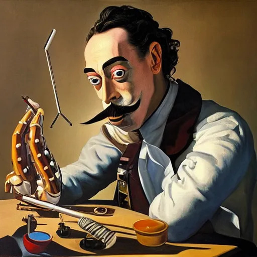 Image similar to half man half robot Salvadore Dali twirling his mustache while painting