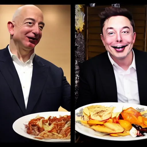 Prompt: obese jeff bezos and elon musk mukbang