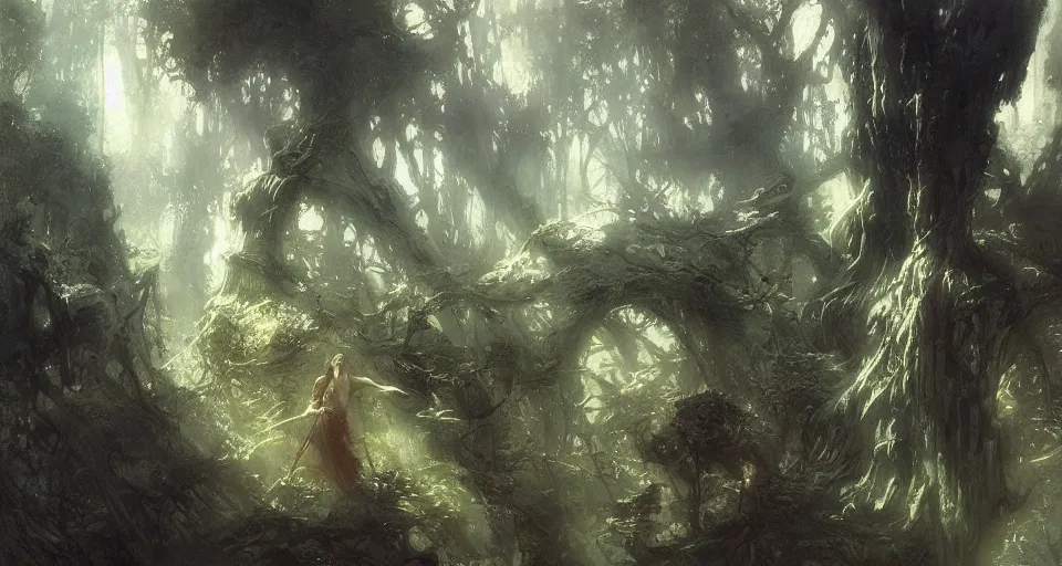 Prompt: lothlorien, intricate, elegant, highly detailed, john park, frazetta, john howe, ruan jia, jeffrey catherine jones