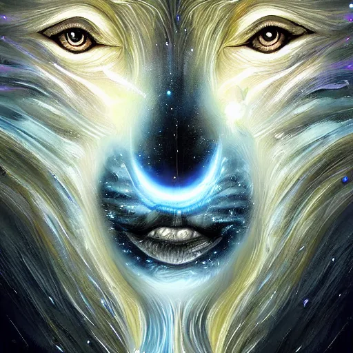 Prompt: of a fantasy painting of a wolfs face in the sky morphing into galaxy ’ s and stars and planets in the style of greg retowski highly detailed cinematic lighting digital art