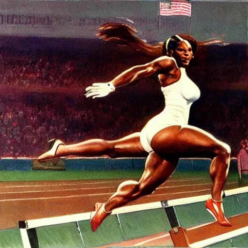 Image similar to ultra realistic portrait painting of serena williams leaping hurdles at the track, art by frank frazetta, 4 k, ultra realistic, highly detailed, epic lighting.