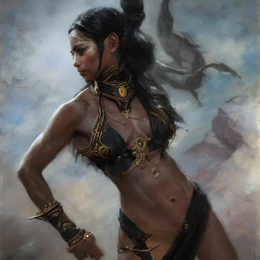 Prompt: nagas, female, long, black scales, chest coverd, cinematographic shot, by daniel f. gerhartz