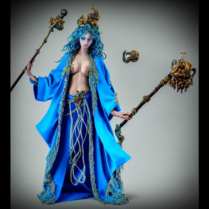 Image similar to photograph of a real-life beautiful elemental water witch with ornate blue robes and staff. Extremely detailed. 8k