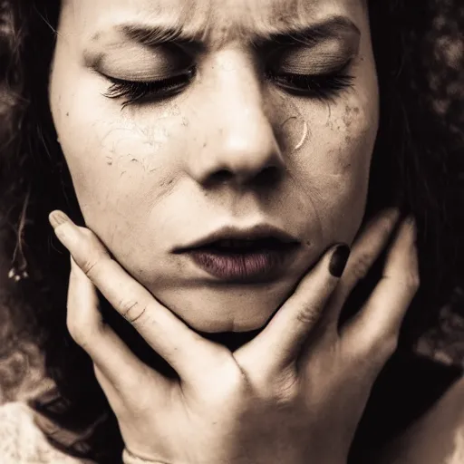 Prompt: 50mm award winning photo of a woman crying diamond tears, beautiful photography, cinematic, close up,