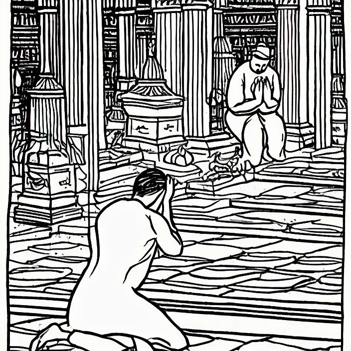 Prompt: a still frame from comic strip a person praying in the temple 1 9 9 0, new yorker illustration, monochrome contrast bw, lineart, manga, simplified