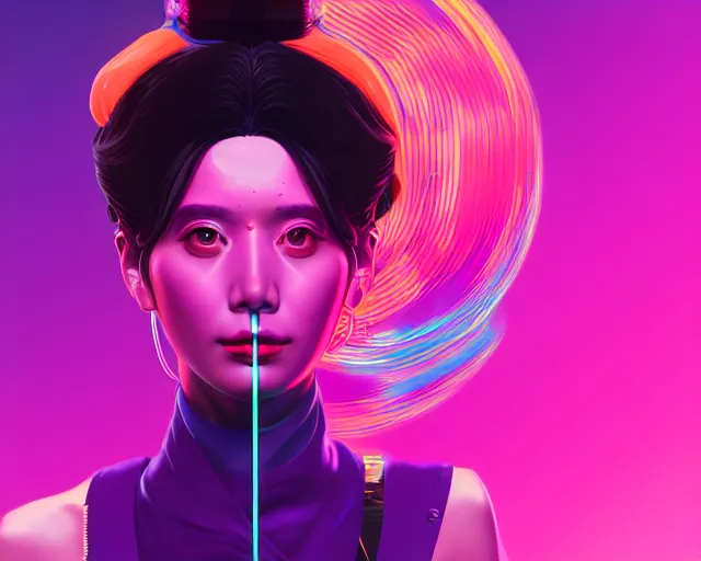 Prompt: beautiful portrait of momo from twice as a sci fi woman, with chaotic vaporwave aesthetic, concept art by james gilleard, wlop, artstation, cgsociety, synchromism, 8 0 s animation flat cell shaded. with thick black pencil lines - h 7 6 8