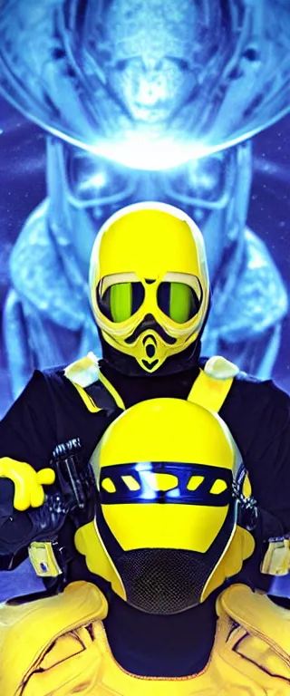 Image similar to Soft yellow-suited usurper alien soldier with soft-yellow motocross helmet with blue glowing visor, holding an alien soft yellow energy rifle.