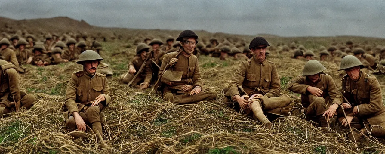 Image similar to battle of the somme with spaghetti, canon 5 0 mm, kodachrome, in the style of wes anderson, retro