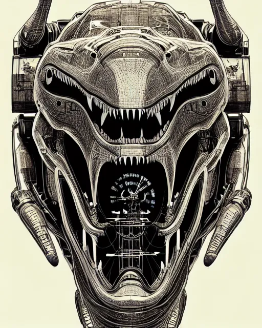 Image similar to a symmetrical illustration intricate mechanical robot trex dinosaur head, transformer, high details, symmetrical illustration, bold line art, by vincent di fate, kim jung gi, joe fenton, inking, scifi, screen print, character concept art, trending on art station, sharp, high contrast, ultrafine hyper detailed, hd, 4 k, 8 k