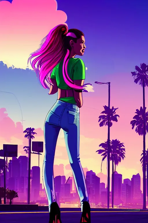 Prompt: a stunning GTA V loading screen with a beautiful woman with ombre hairstyle in purple and pink blowing in the wind in the city at sunset, outrun, vaporware, neon lights, palm trees, retro, beautiful sky with cumulus couds, digital art, trending on artstation